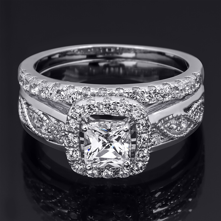 Womens 1.50 Carat CT Round Cut Wedding Band Engagement Ring Set Silver Size 5-9