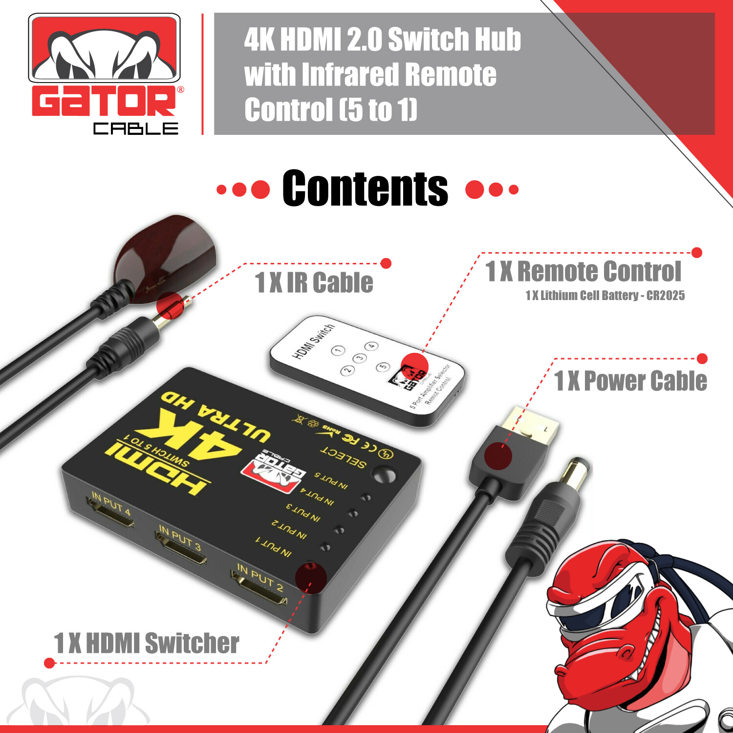 4K HDMI 2.0 Cable Splitter Switcher Box Hub IR Remote Control 5X1 Power 5 to 1