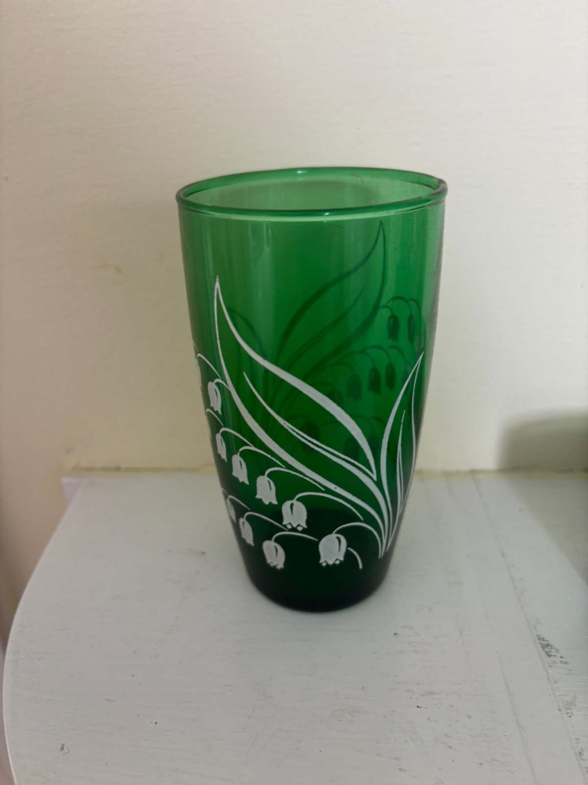 Vintage Anchor Hocking LILY OF THE VALLEY Green Glass Tumbler - 8 in orig box