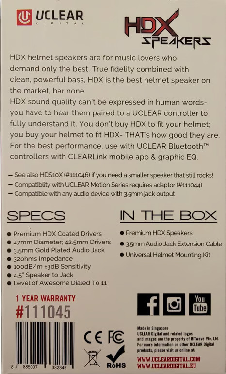 U-Clear HDX Helmet Speakers - 47mm Motorcycle Street Bike Dirt Bike 111045