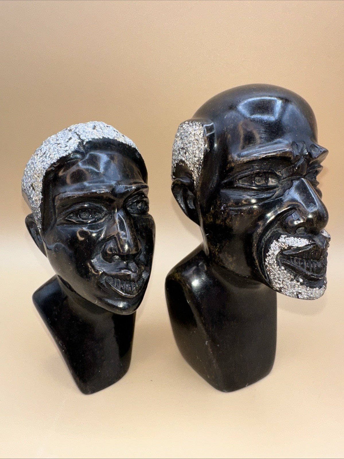 HAND-CARVED SOLID STONE AFRICAN SHONA HEAD BUST COUPLE FINELY DETAILED!