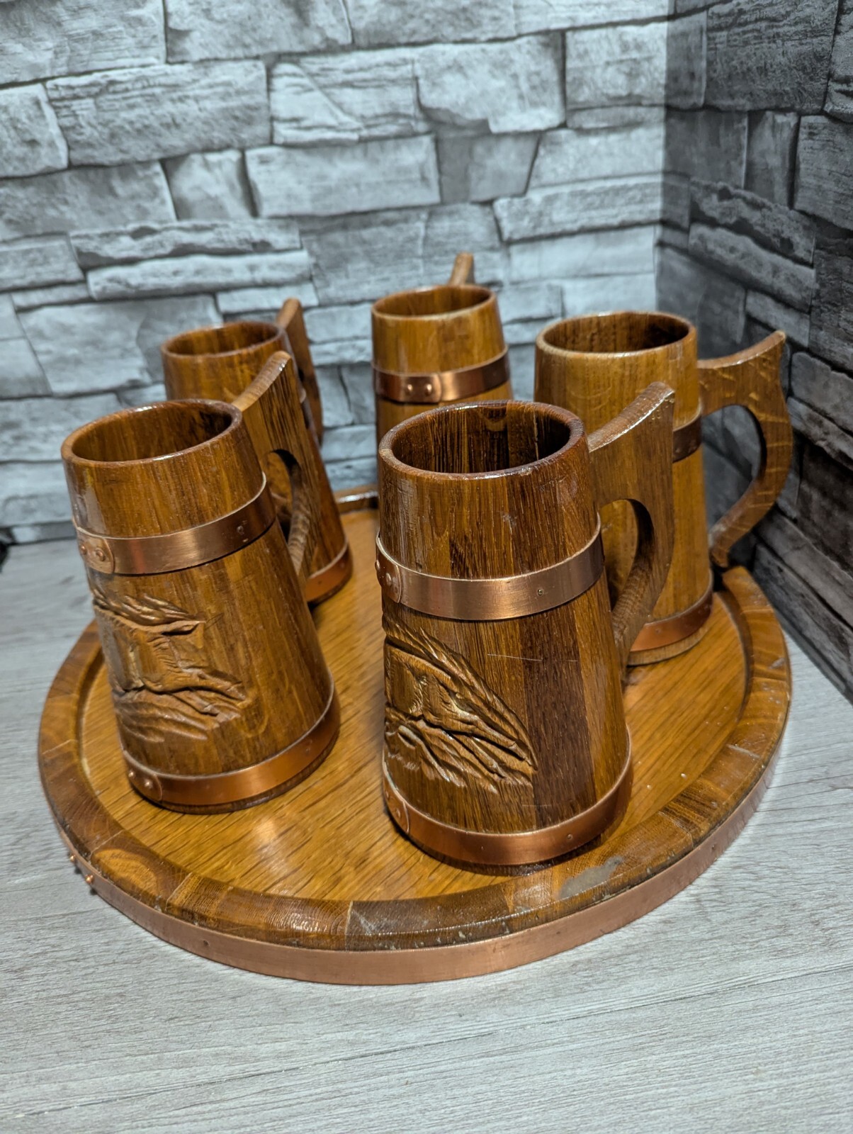 Vtg Set Of 5 Wood & Copper Beer Mug Stein Tankard Cups w/Tray Viking Bar Decor