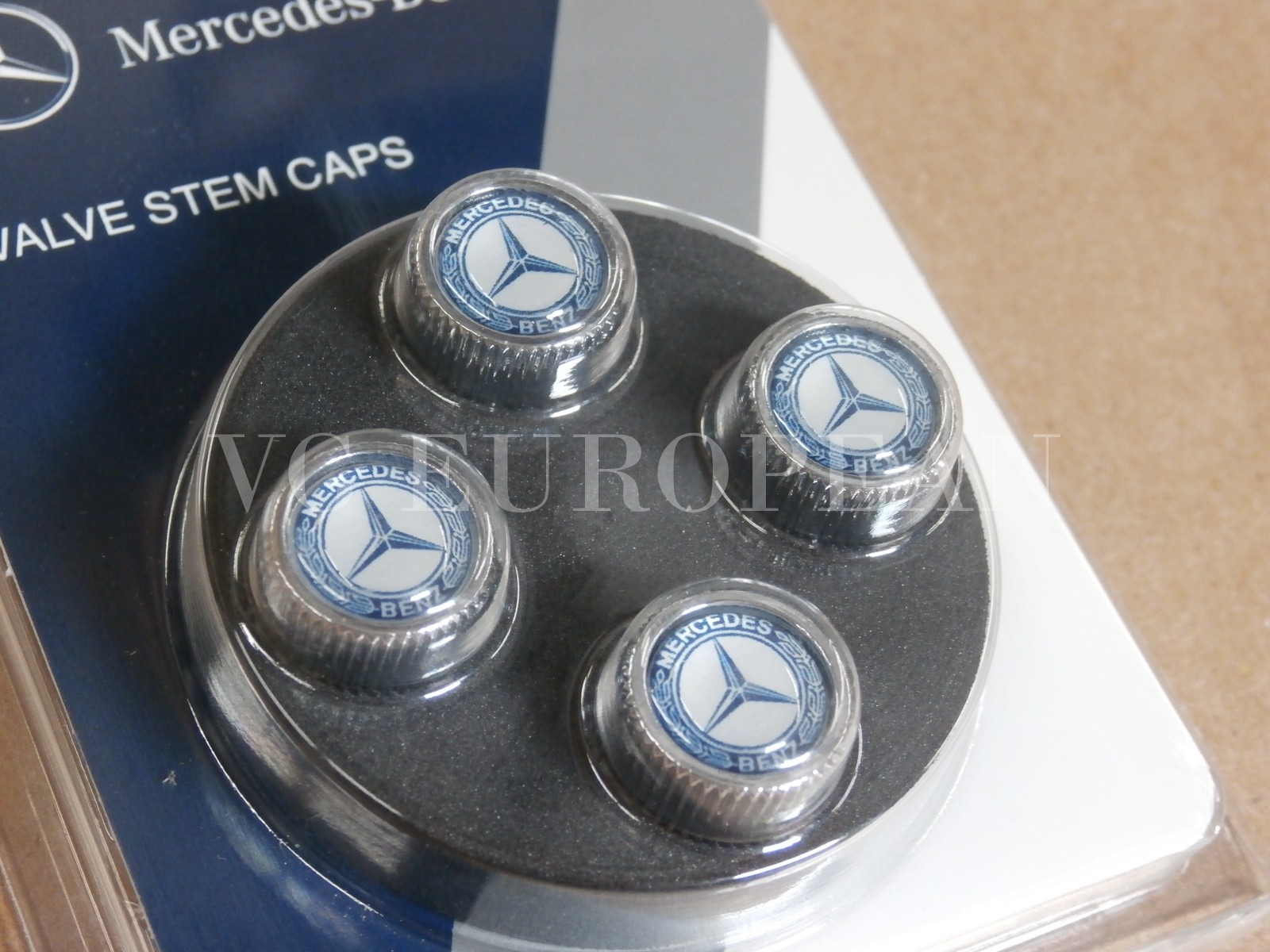 Mercedes-Benz Genuine Tire Valve Stem Cap Set, Laurel Blue Silver Caps NEW
