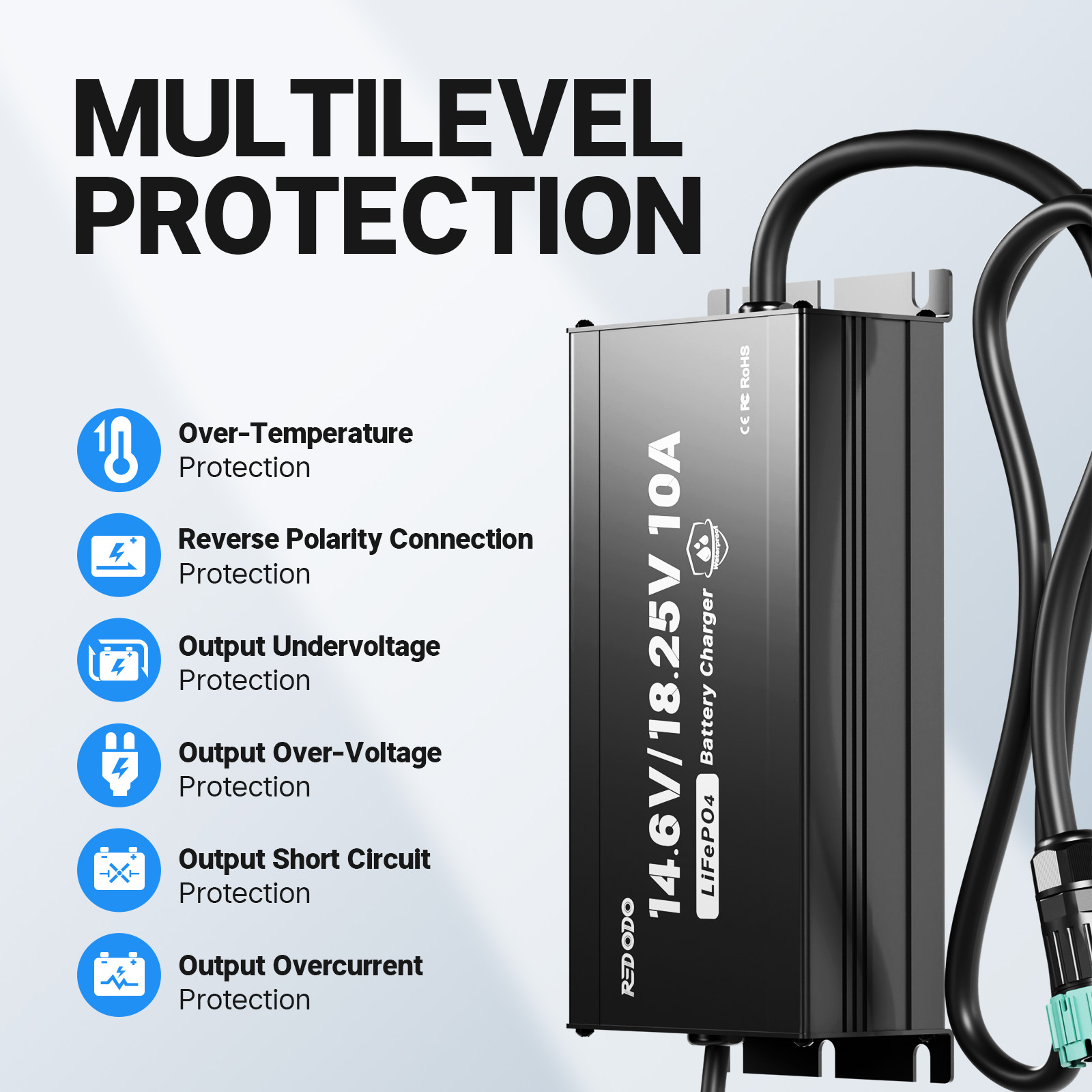 Redodo 14.6V 18.25V 10A Waterproof Charger for 12V 16V LiFePO4 Battery