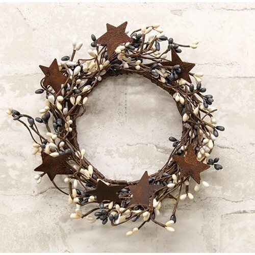 NEW PRIMITIVE Berry Wreath Candle Rings 2pc Rust Stars 4" Gray Cream White Pips
