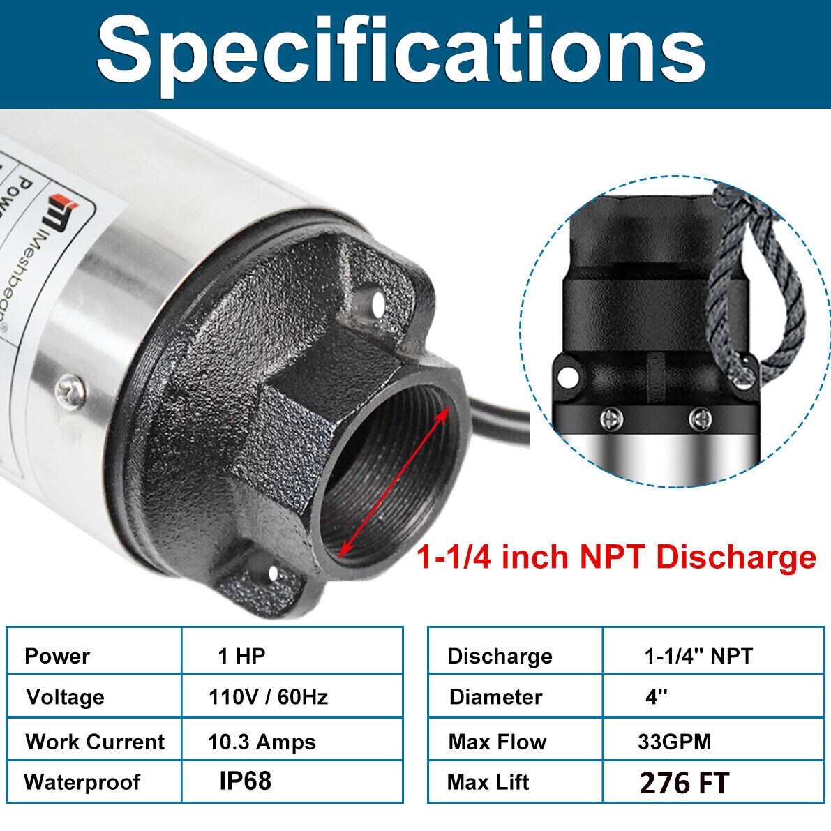 1 HP 4" Deep Well Submersible Pump ,115V, 33 GPM, 276FT ,60Hz,Stainless Steel