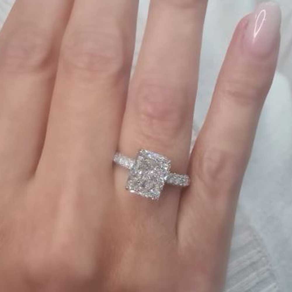 3.8 TCW Radiant Cut Moissanite Hidden Halo Engagement Ring 14K White Gold Plated