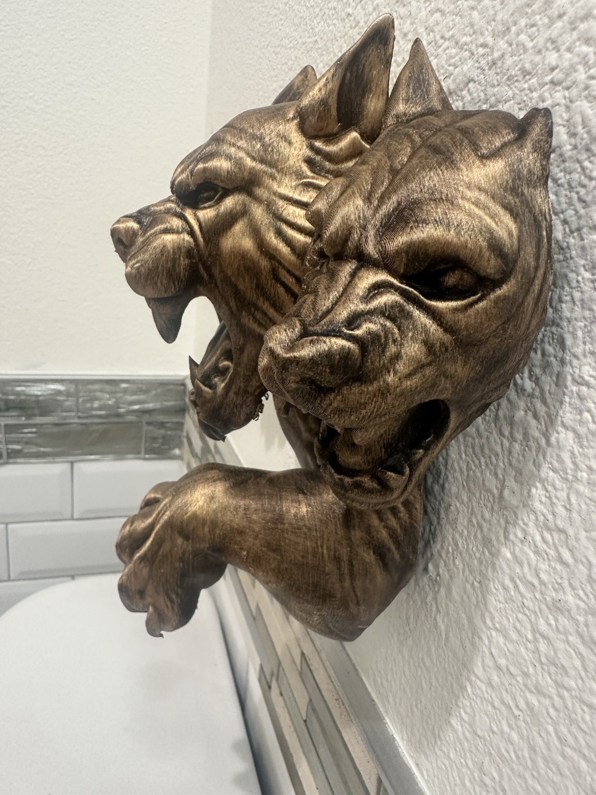 Cerberus Wall Sculpture 3d Mythical Hellhound Decor - Three Headed Dog Mount 9”