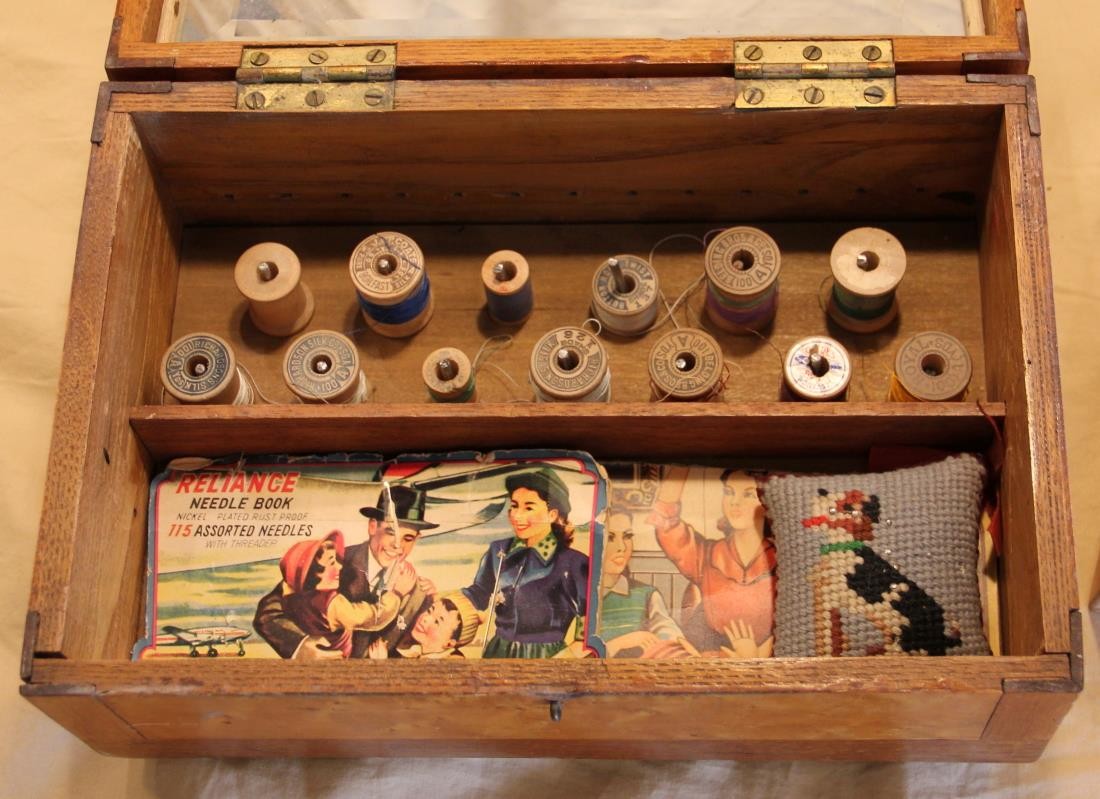 Antique Sewing Box Oak & Bird's Eye Maple w Contents - Anna Miles - Square Nails
