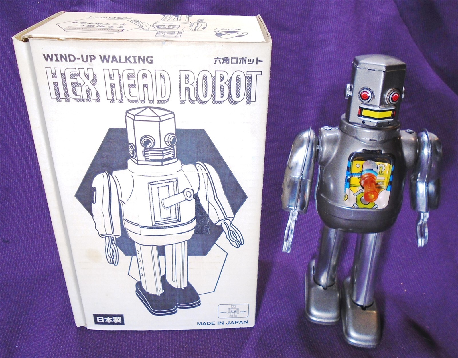 Metal House Hex Head Tin Robot Wind Up Walking Robot w/Chest Gun Grey New In Box