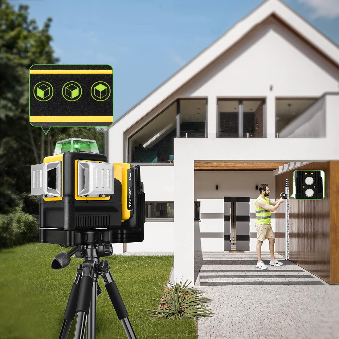 12V 360° Green Laser Level 12Line Vertical/Horizontal Outdoor for Dewalt Battery