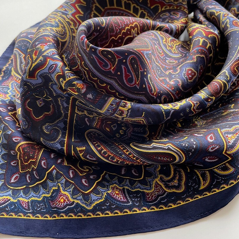 100% Mulberry Silk 27" Square Scarf Women Neckerchief Wrap Vintage Blue Paisley