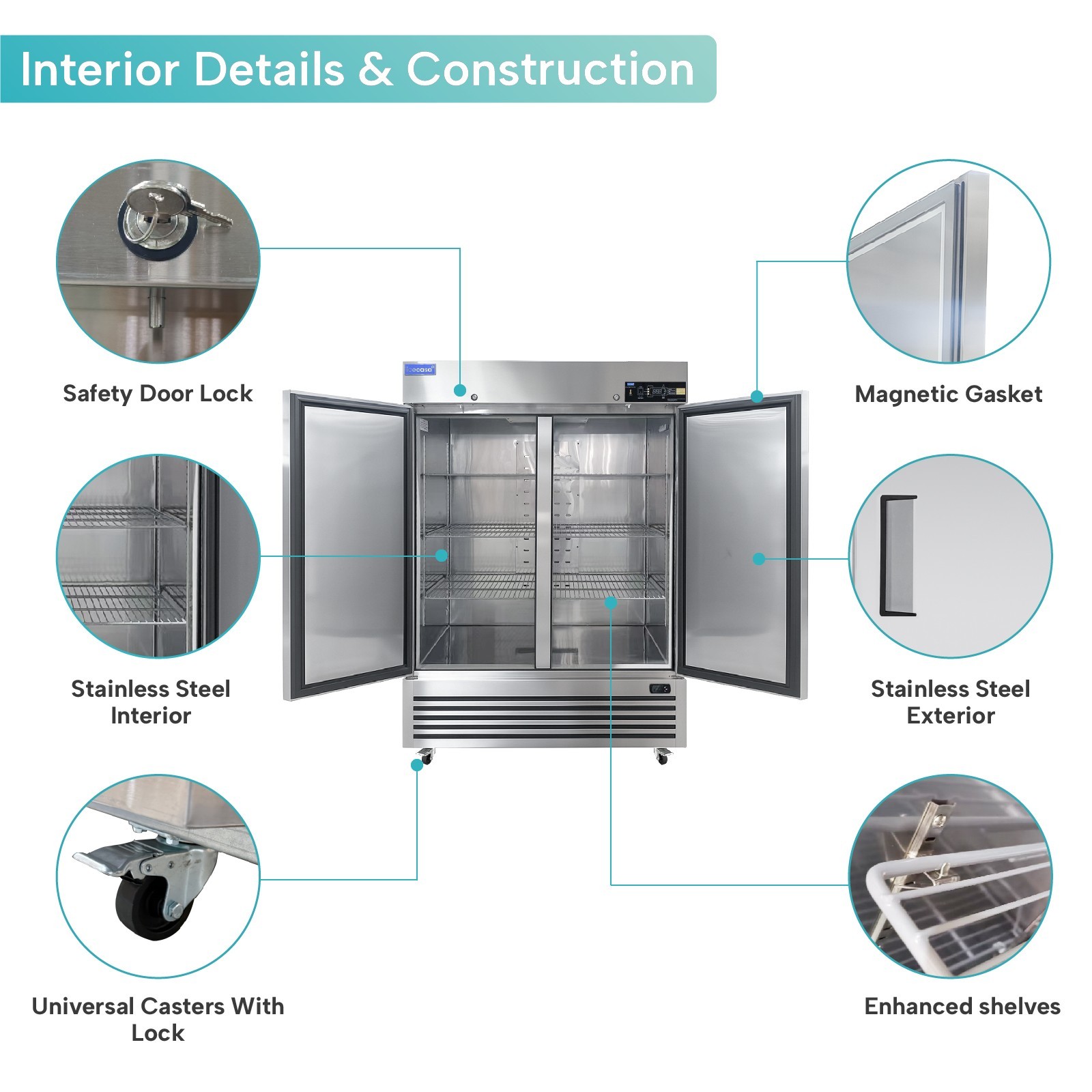ICECASA 54" Commercial Refrigerator, 2 Door Reach-In Cooler 49 Cu.ft