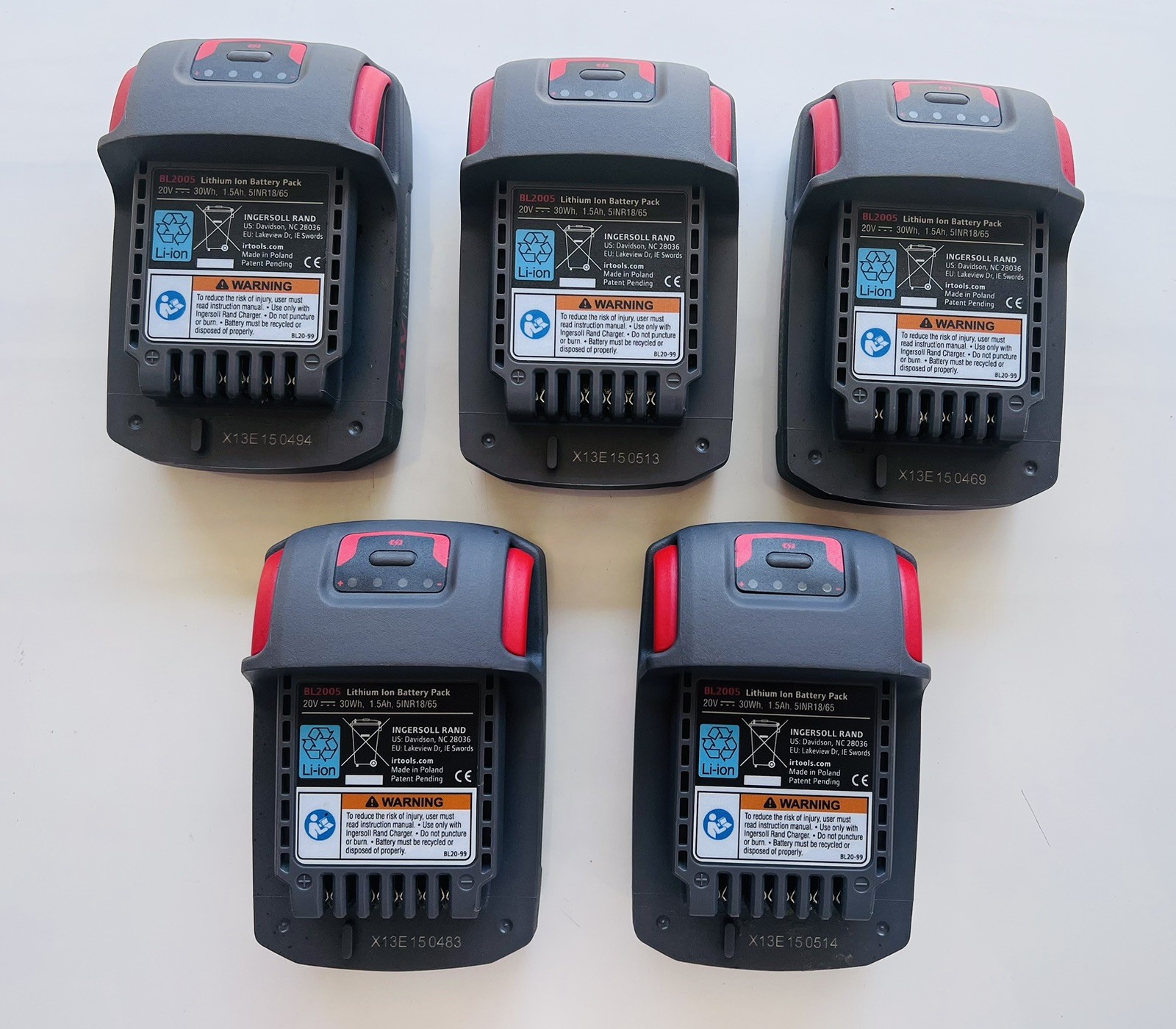 Ingersoll Rand 20 Volt  1.5Ah  Li-ion Battery Pack - 5 Pack - PARTS ONLY -BL2005