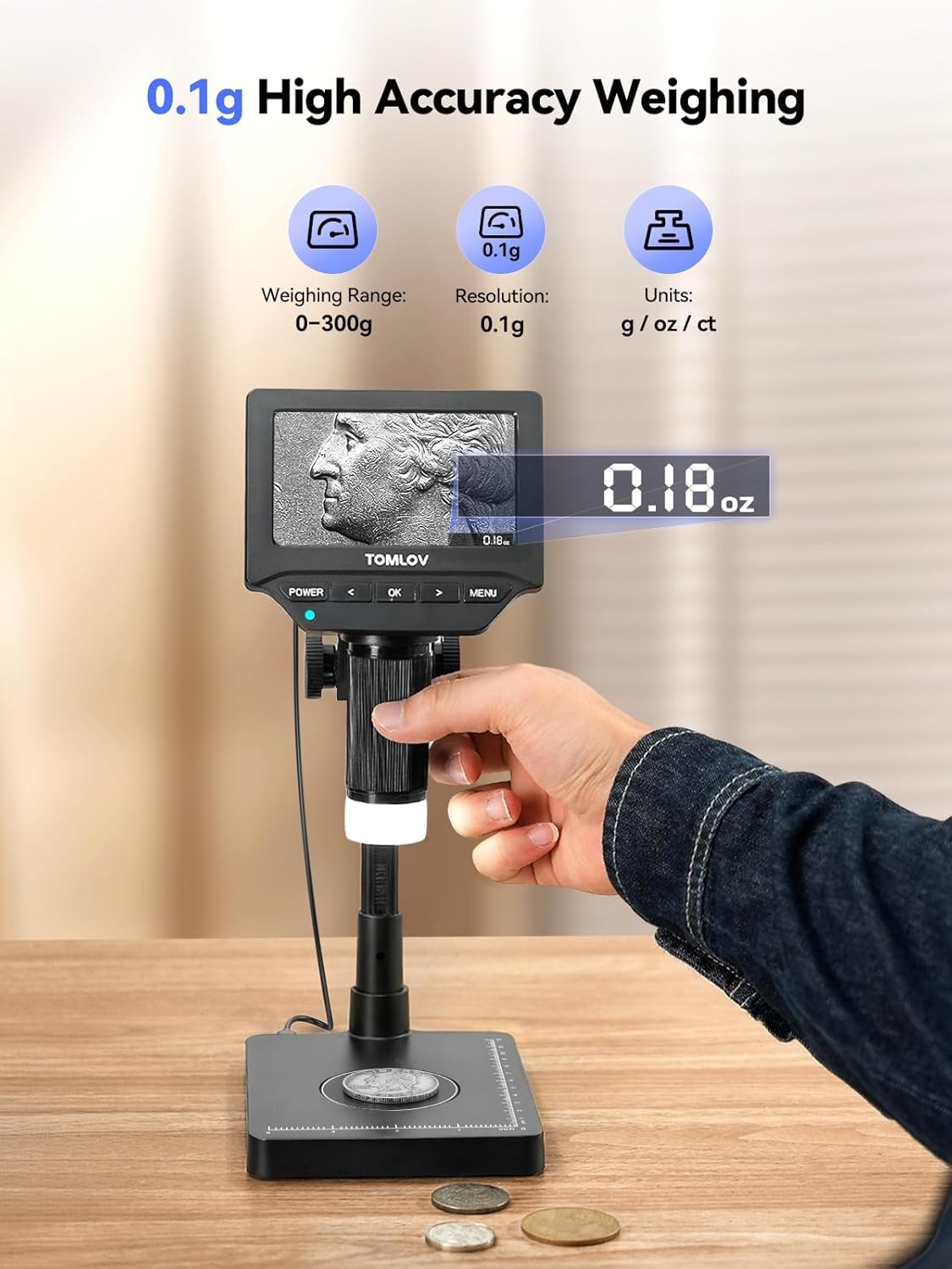 TOMLOV DM4W Microscope with Weighing Scale 4.3" Digital Coin Microscope 10–200X