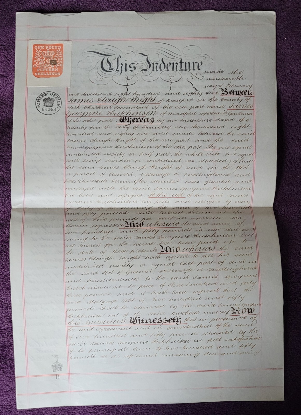 1885 Vellum Indenture. J.Wright. To J. Hutchinson Re: Ashgrove, Horton, Bradford