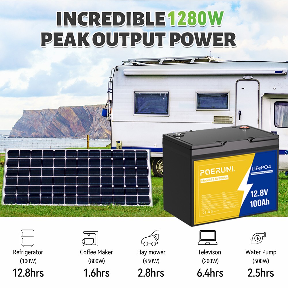 POERUNI 12V 100Ah Lithium LiFePO4 Battery 8000+ Deep Cycle for Solar RV Marine