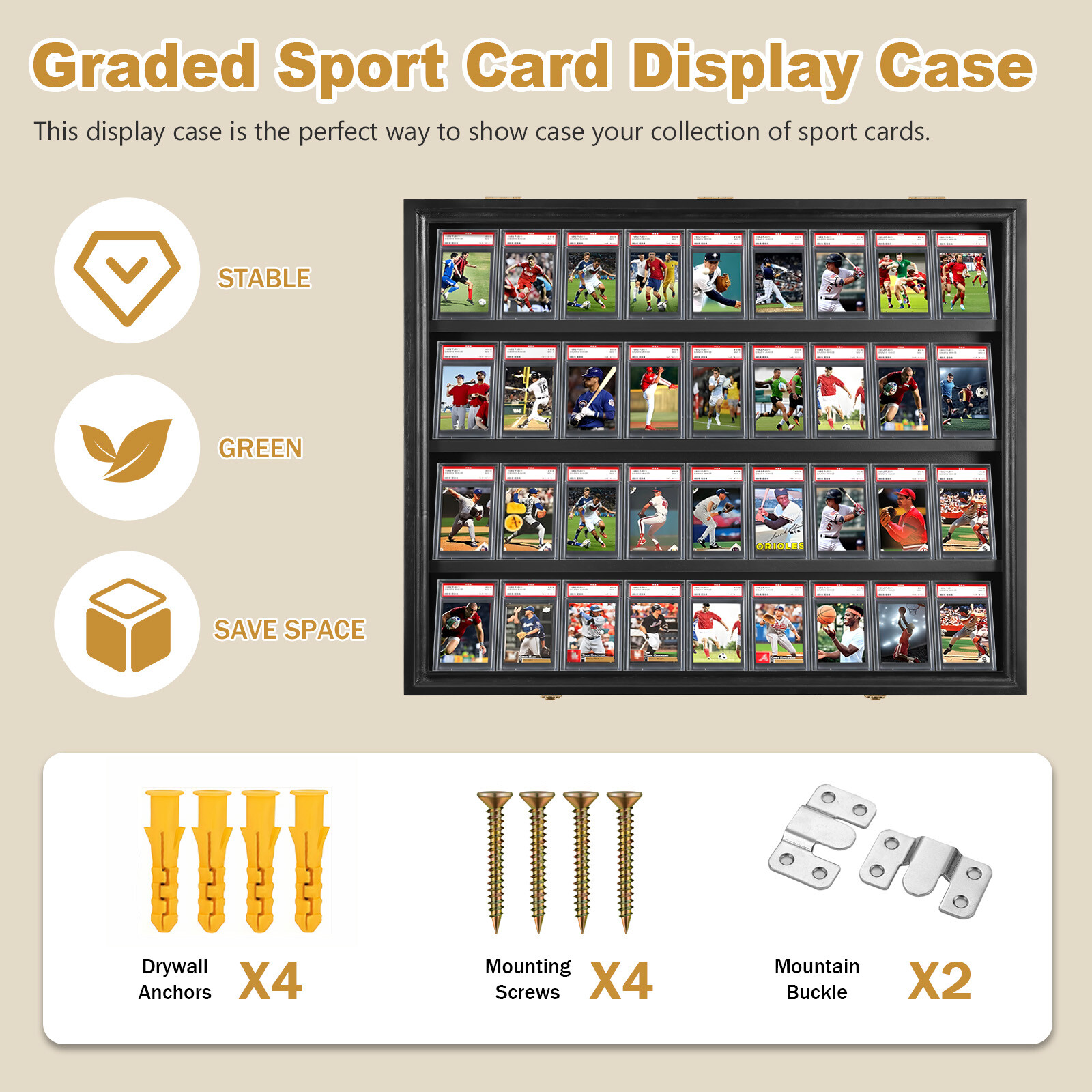 Graded Card Display Case 36 Slots Sports Card Wall Cabinet w/98% UV Acrylic Door