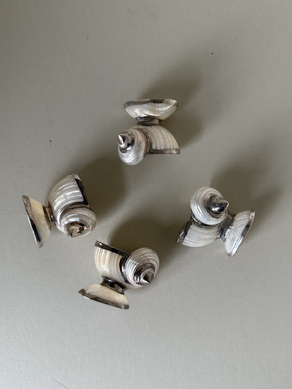 Set of 4 Antique Shell Open Salts with Mother of Pearl Spoons, Sterling Silver