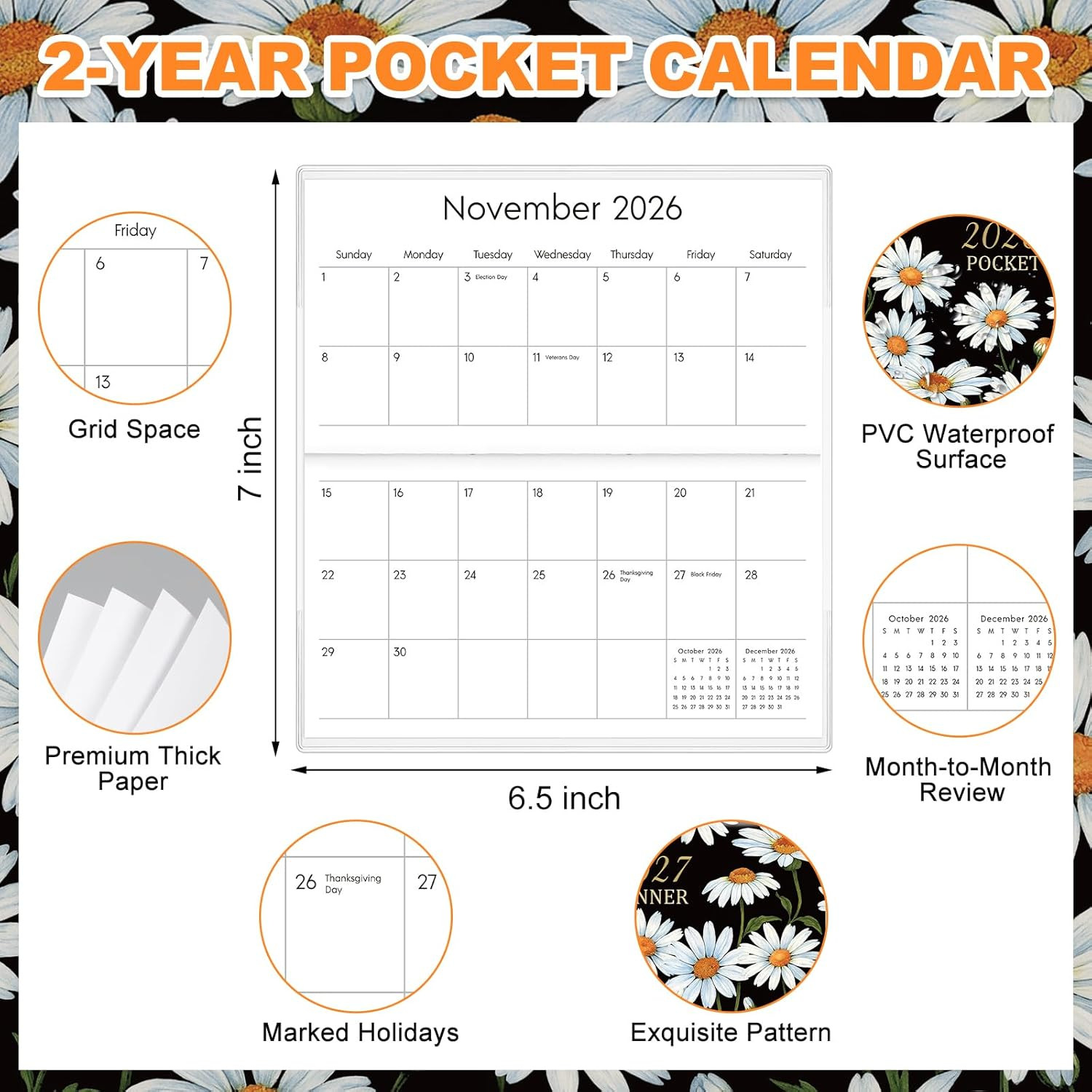 7" x 6.5" 2026-2027 Pocket Calendar for Purse Small Monthly Planner Notebook PVC