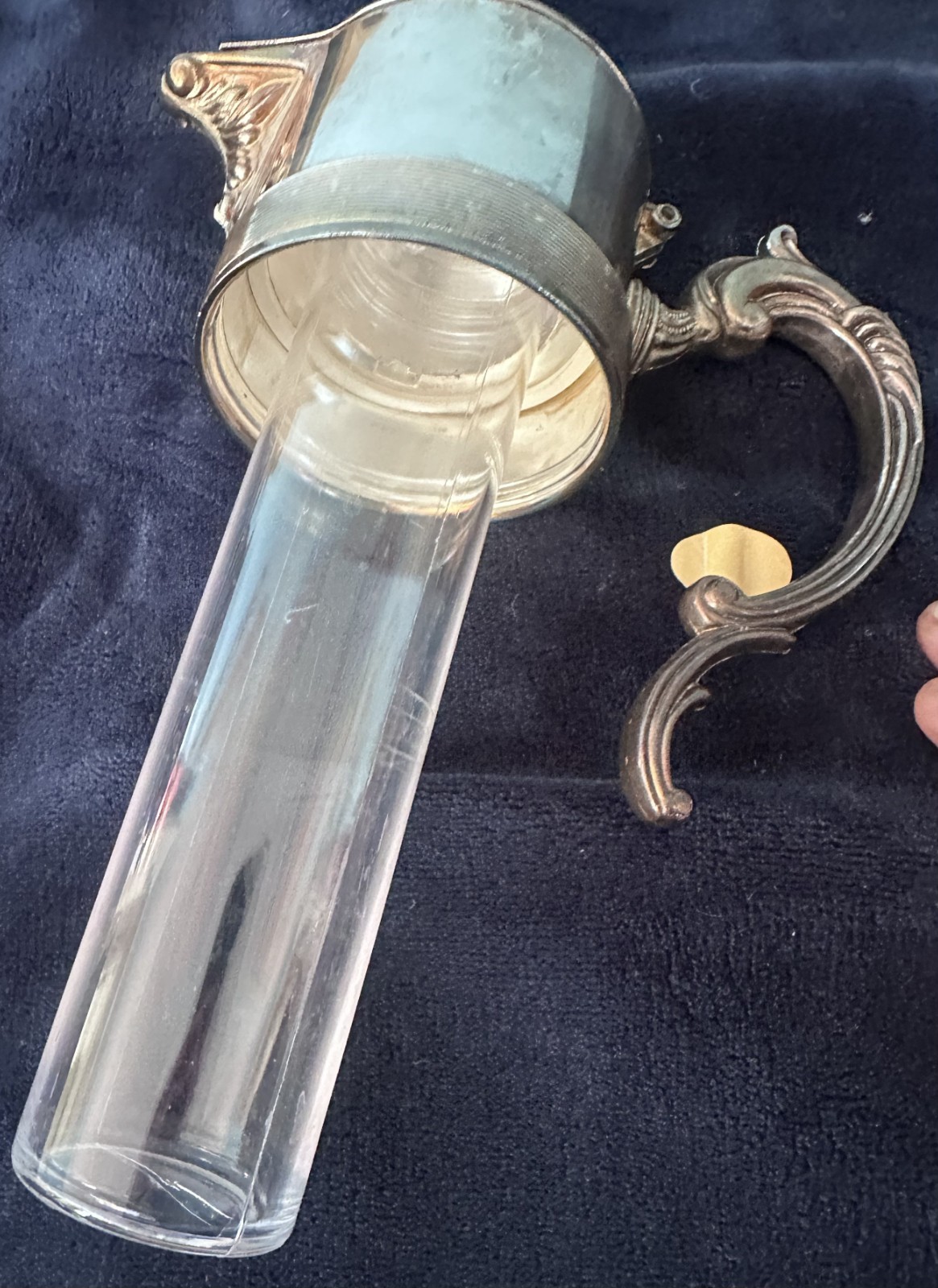 Vintage Crystal Decanter w/ Silverplate Spout & Handle Ice Core Insert