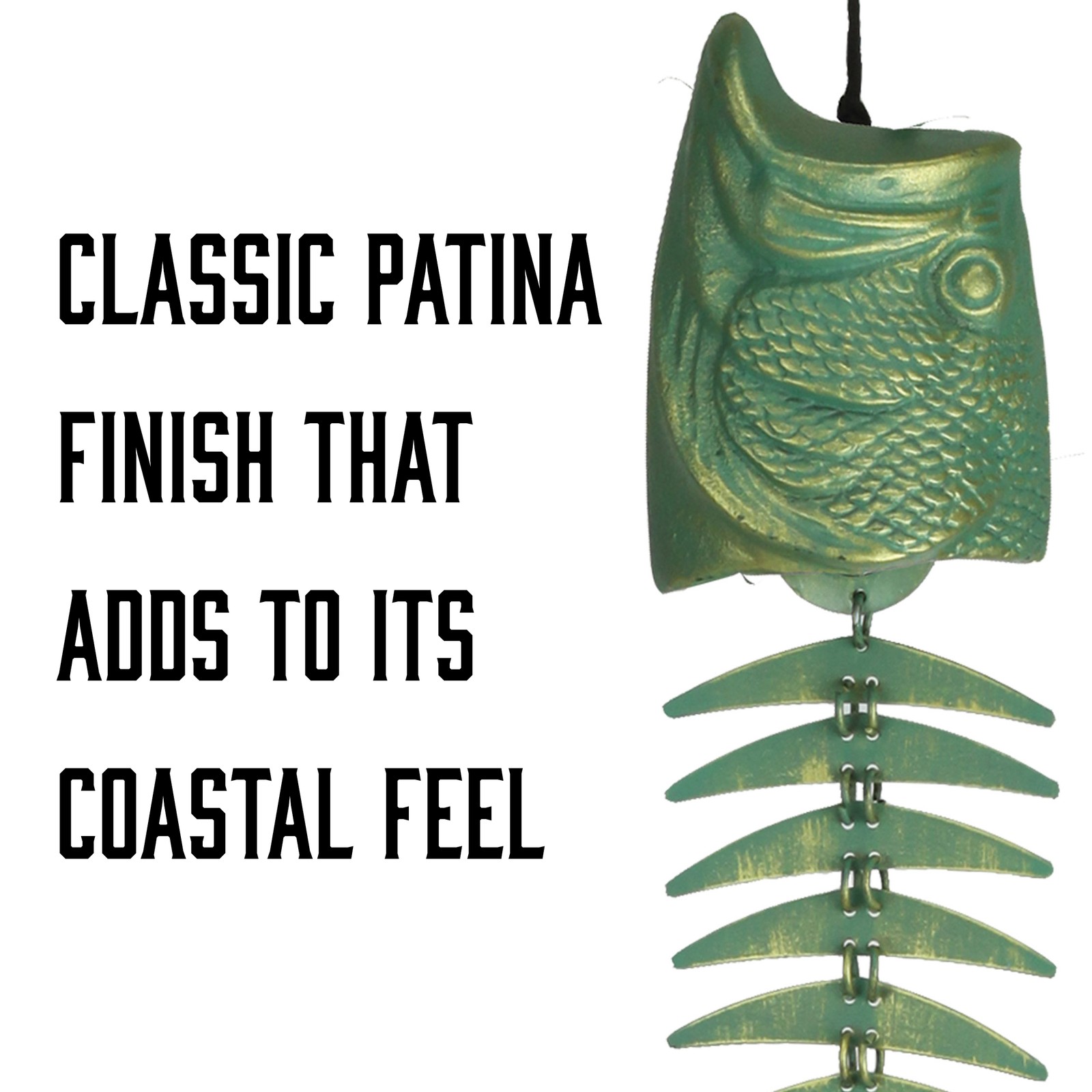 River's Edge Products Fishbone Wind Chime, Fish Skeleton Wind Bell with Patina