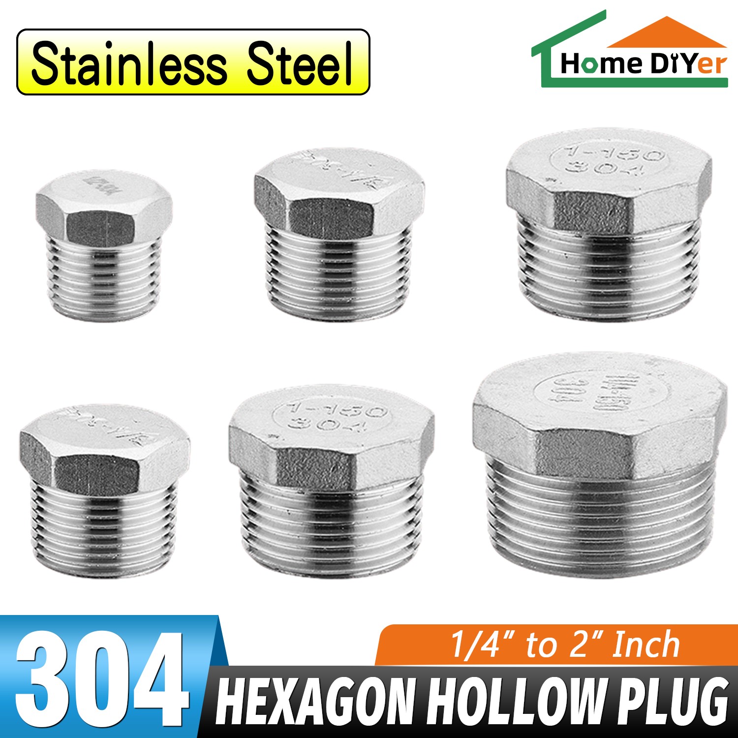 Stainless Steel 304 Pipe Fitting Hexagon Hollow Plug Male Thread 1/4" to 2"