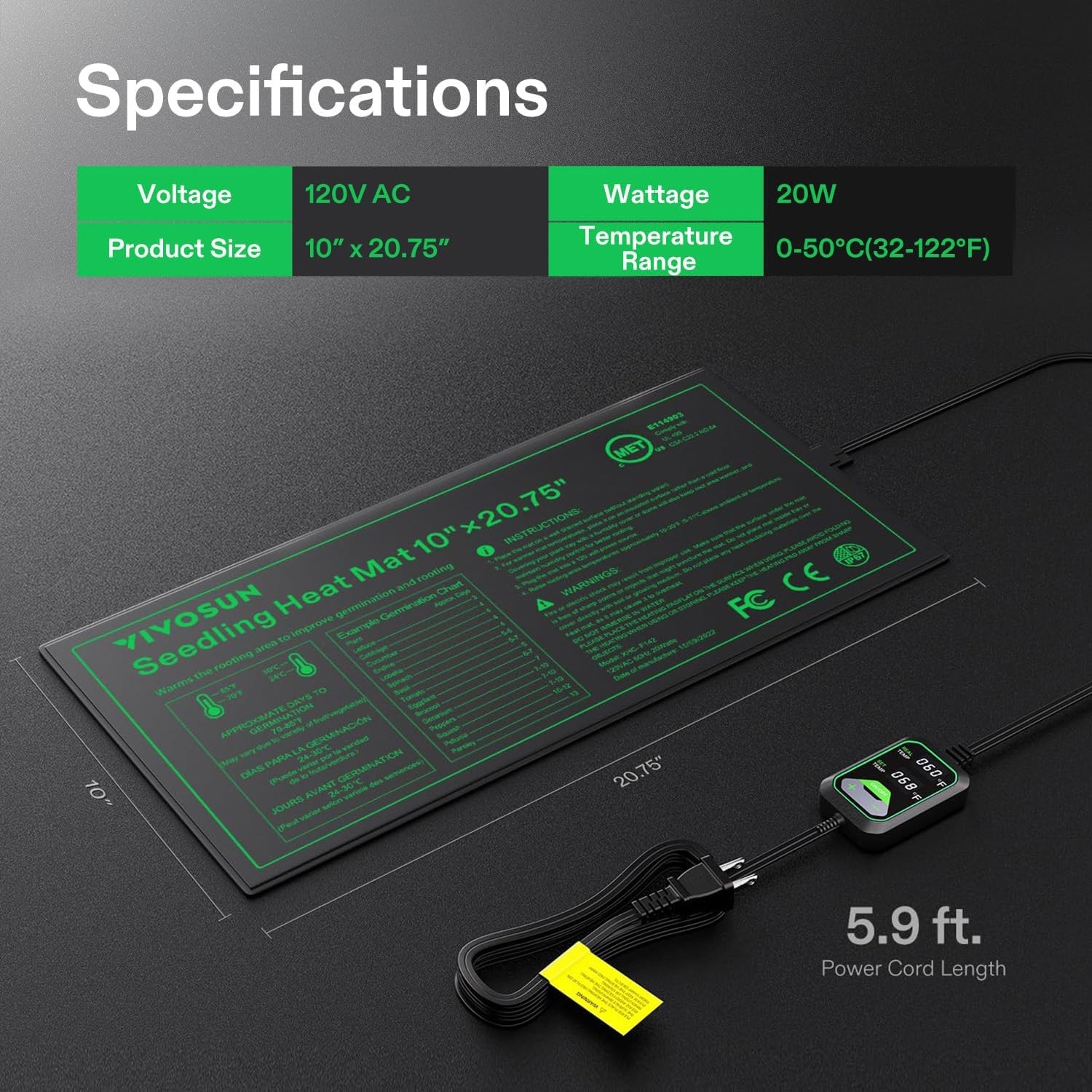 VIVOSUN 10"/20"/40"x20.75" Seedling Heat Mat Built-in Temperature Controller