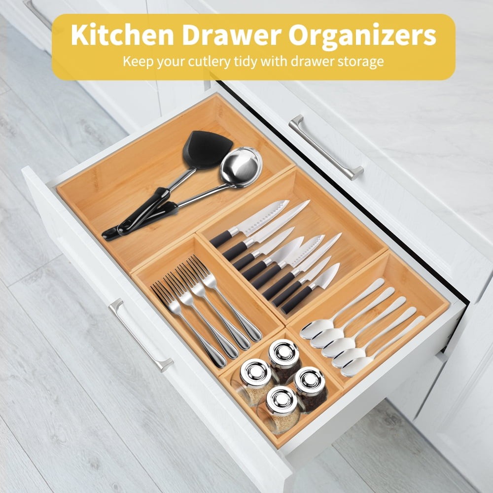 Bamboo Drawer Organizer, Adjustable & Stackable 5-Grid Tray for Kitchen,Bathroom
