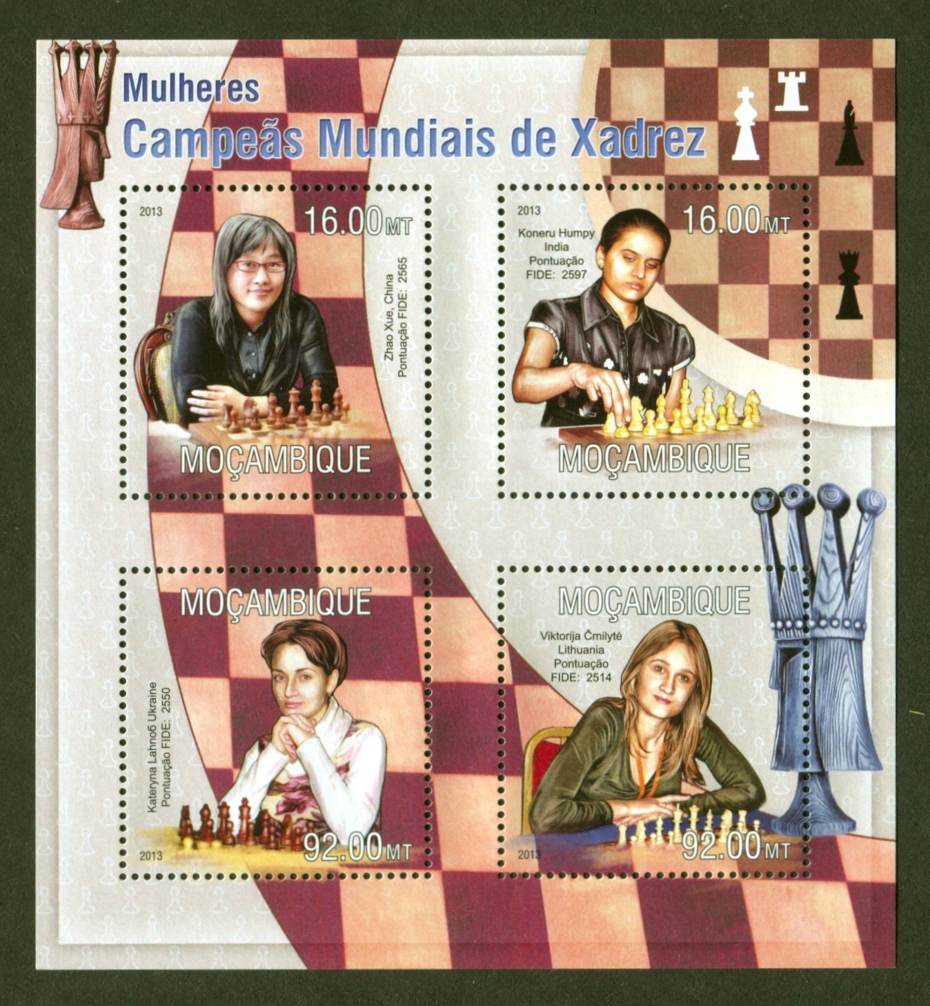 Mozambique Scott# 2891, Women Chess Champions, 2013 VF/XF MNH Sheet, SCV: $15.00