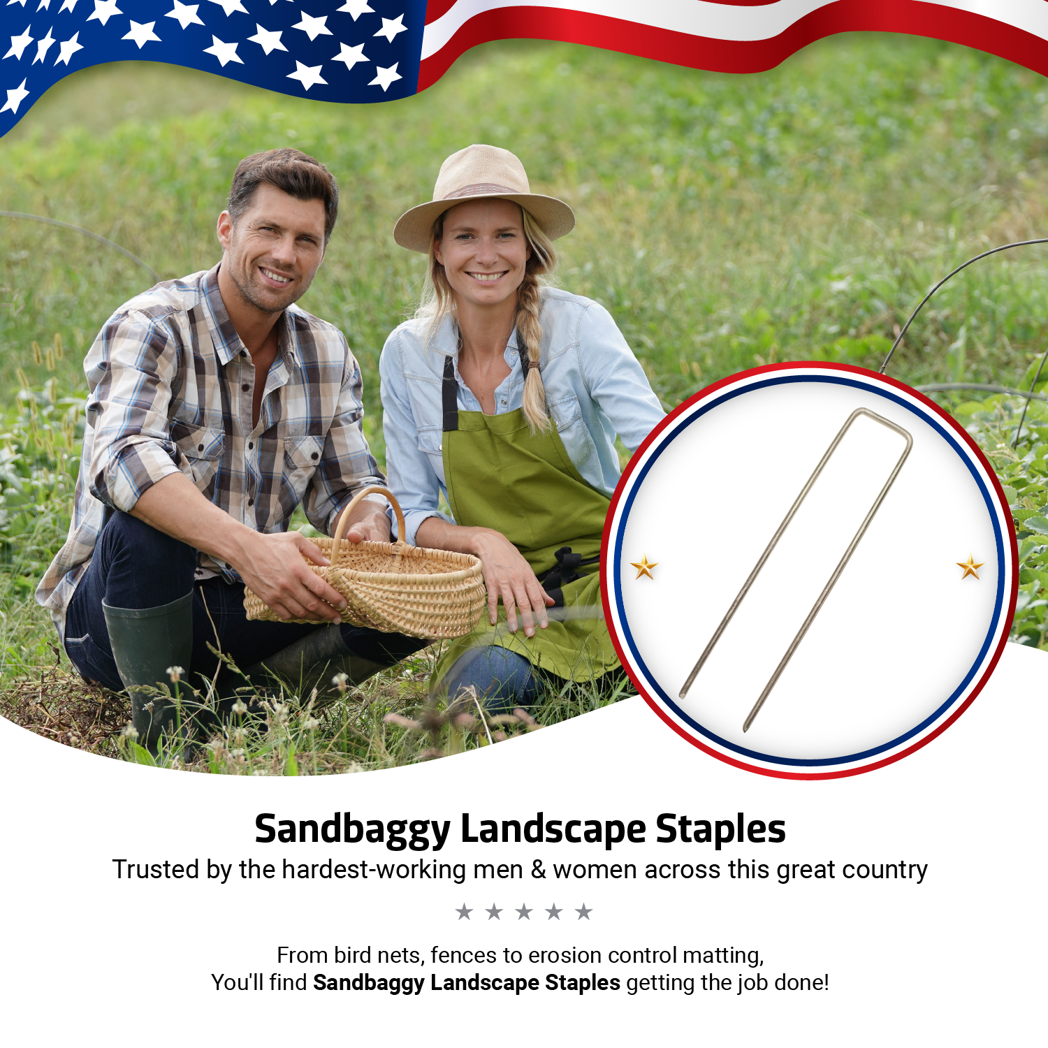 Sandbaggy 11 Gauge 6" GALVANIZED Landscape Staples ~ SOD Fabric Pins - RUST FREE