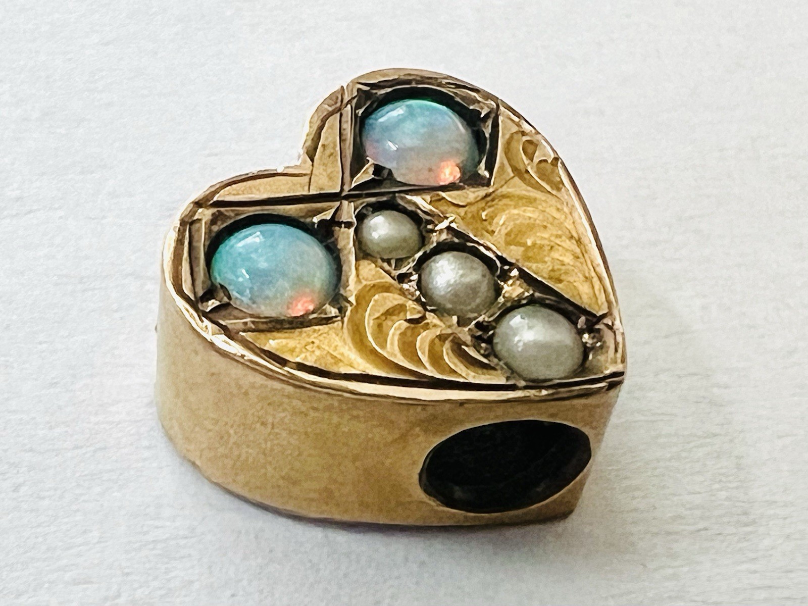 Victorian Gold Filled Heart Shaped Opal Seed Pearl Slide for Muff Watch Chain