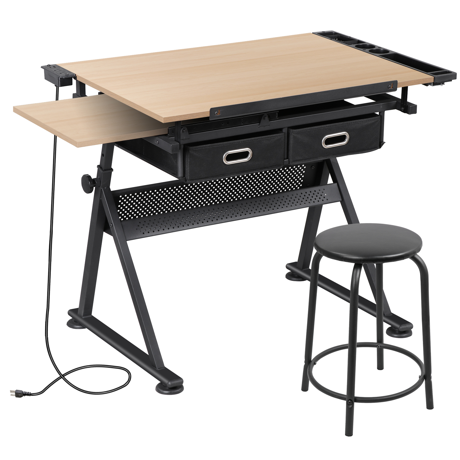 Adjustable Drafting Table with Outlet Artist Drawing Table with Stool Natural