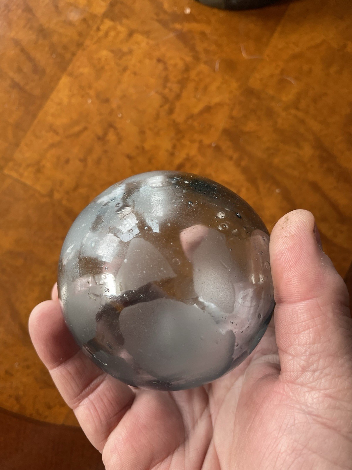 Antique Glass Fish Net Float With Rope Marks Teal Blue Color Wide Pontil