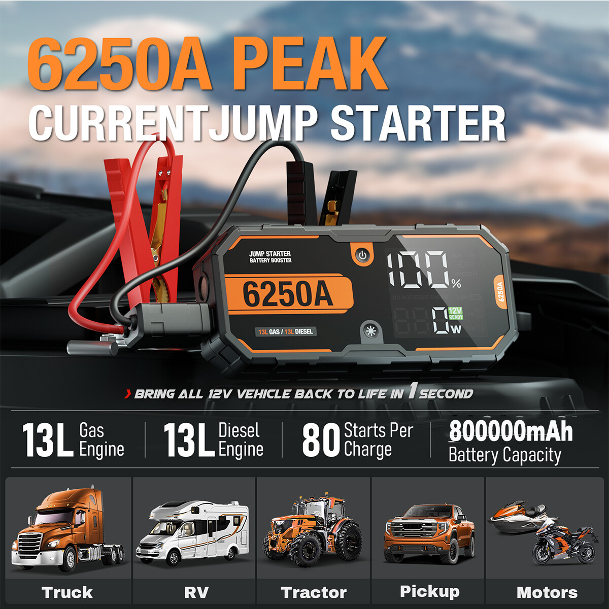 Portable 6250A Jump Starter Box Heavy Duty Truck Battery Booster Pack Power Bank