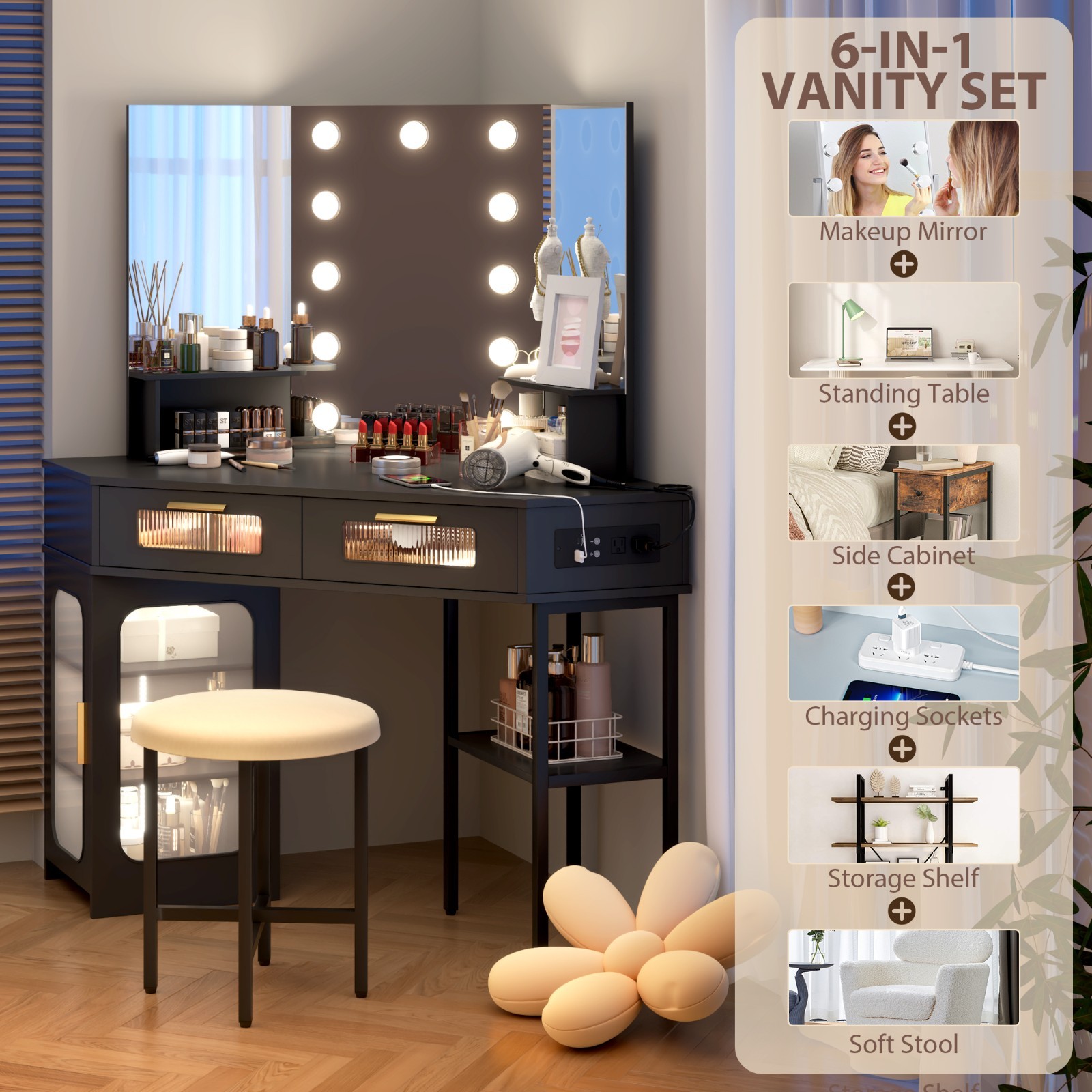 Corner Vanity Desk with Mirror and Lights, Makeup Table with Charging Station