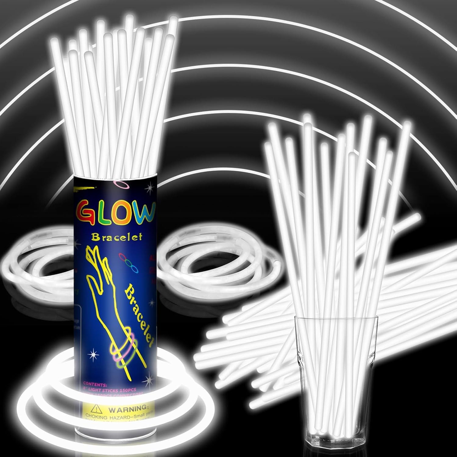 100 Pack 8” White Glow Sticks Bulk with 100 Connectors Neon Glow In The Dark Par