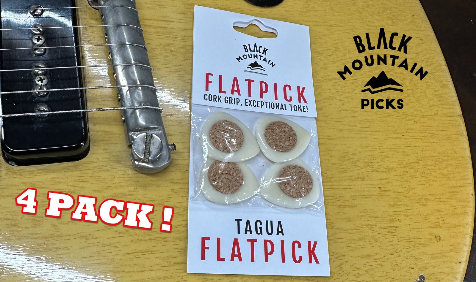BLACK MOUNTAIN Handcrafted Tagua Guitar Picks with Embedded Cork Grip -Four Pack