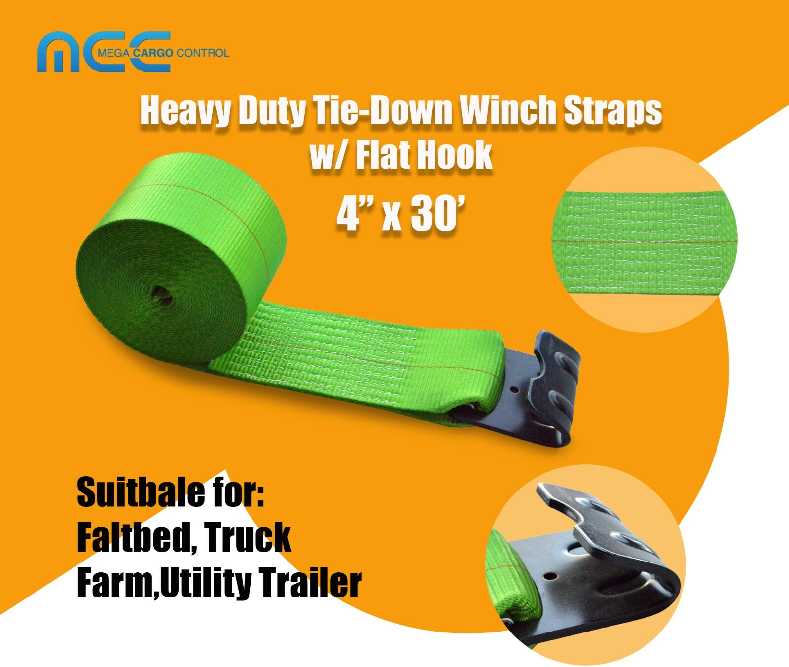 Heavy Duty 4" x 30' Winch Strap w/ Flat Hook Flatbed Truck Trailer Farm Tie Down