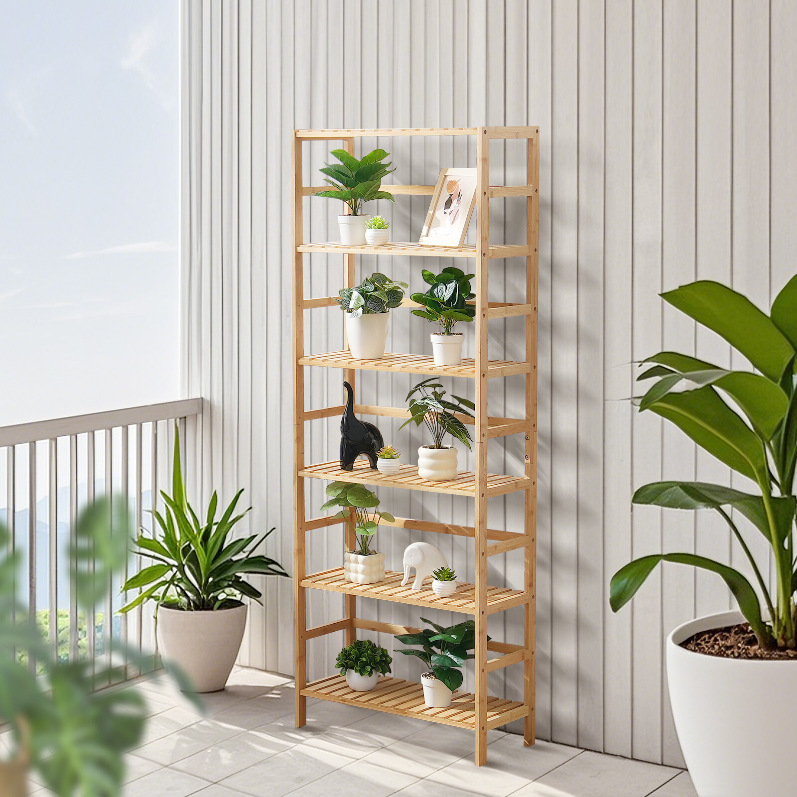 6-Tier Bamboo Ladder Bookcase 63" Display Shelf Storage Rack Plant Flower Stand