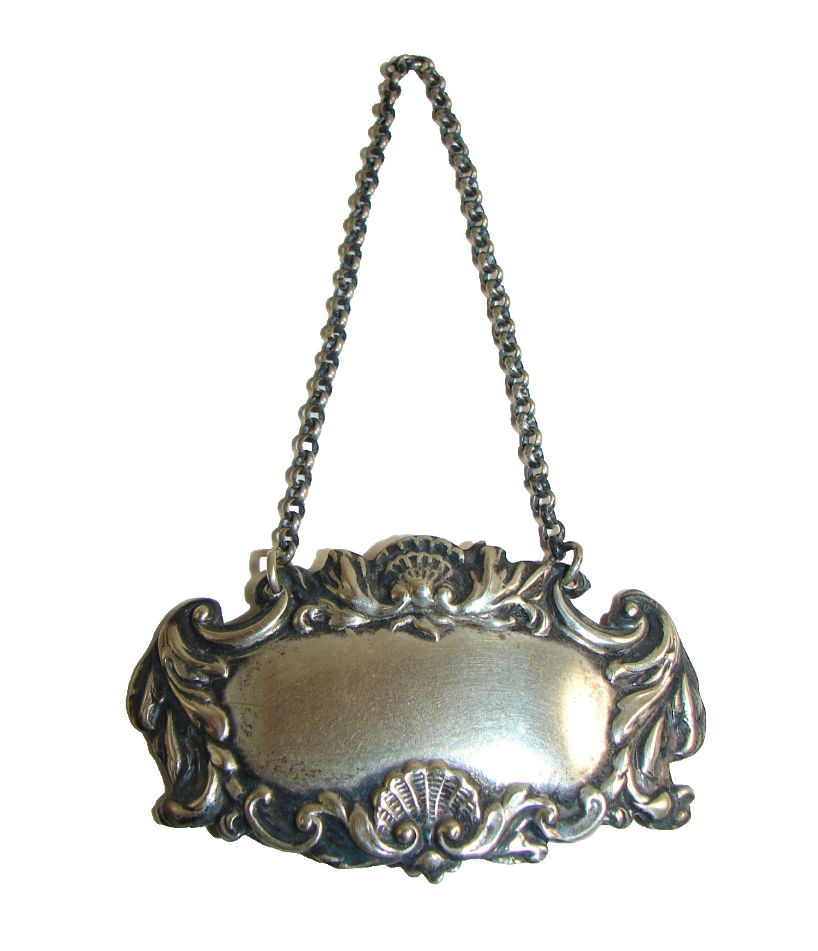 Vintage Silverplate Decanter Label Bottle Hanging Tag Ornate Shell Scroll Design