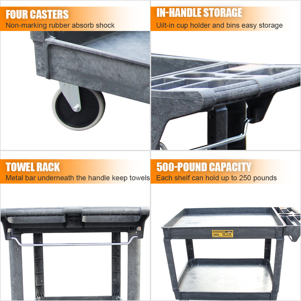16*30 Inch Polypropylene Service Cart Heavy Duty 500 lbs Tools Organizer Rolling
