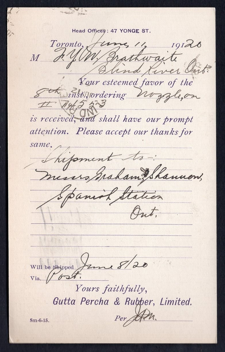 CANADA Toronto 1920 Gutta Percha & Rubber ADVRTISING Postcard to Blind River