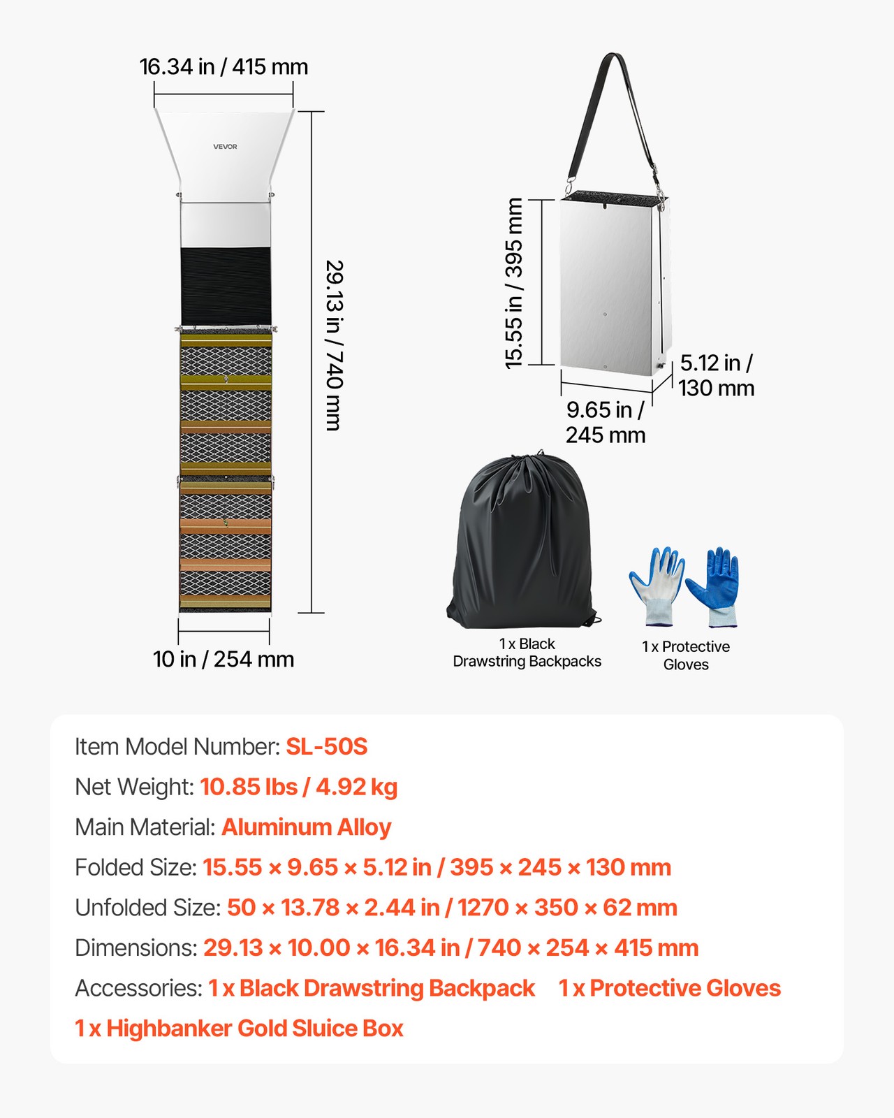 VEVOR High Banker Gold Sluice 2-in-1 Highbanker Sluice Box Aluminum Alloy 50"