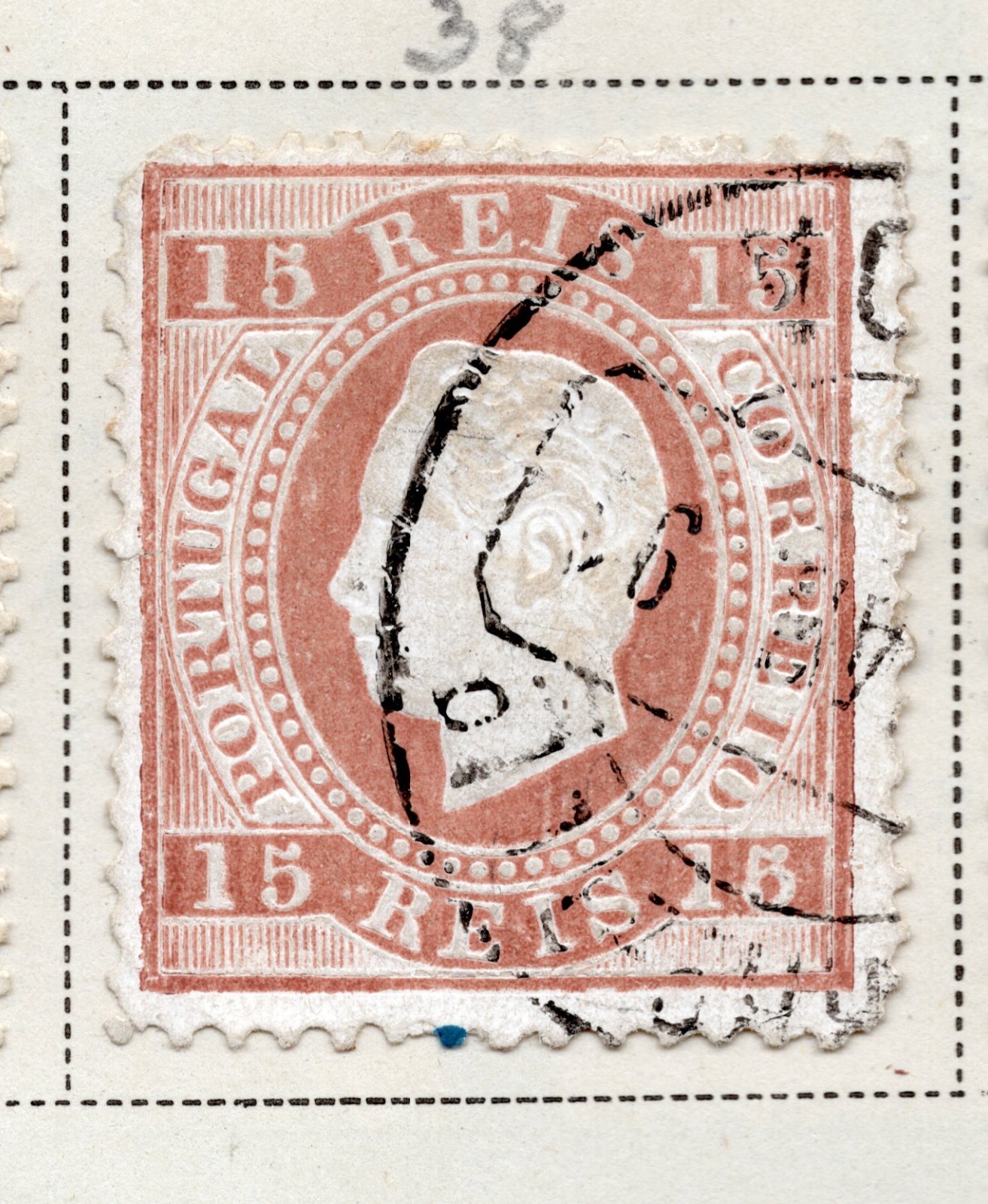 Portugal 1870-84 King Luiz 15 Reis Lilac Brn Used VLH Scott Cat# 38