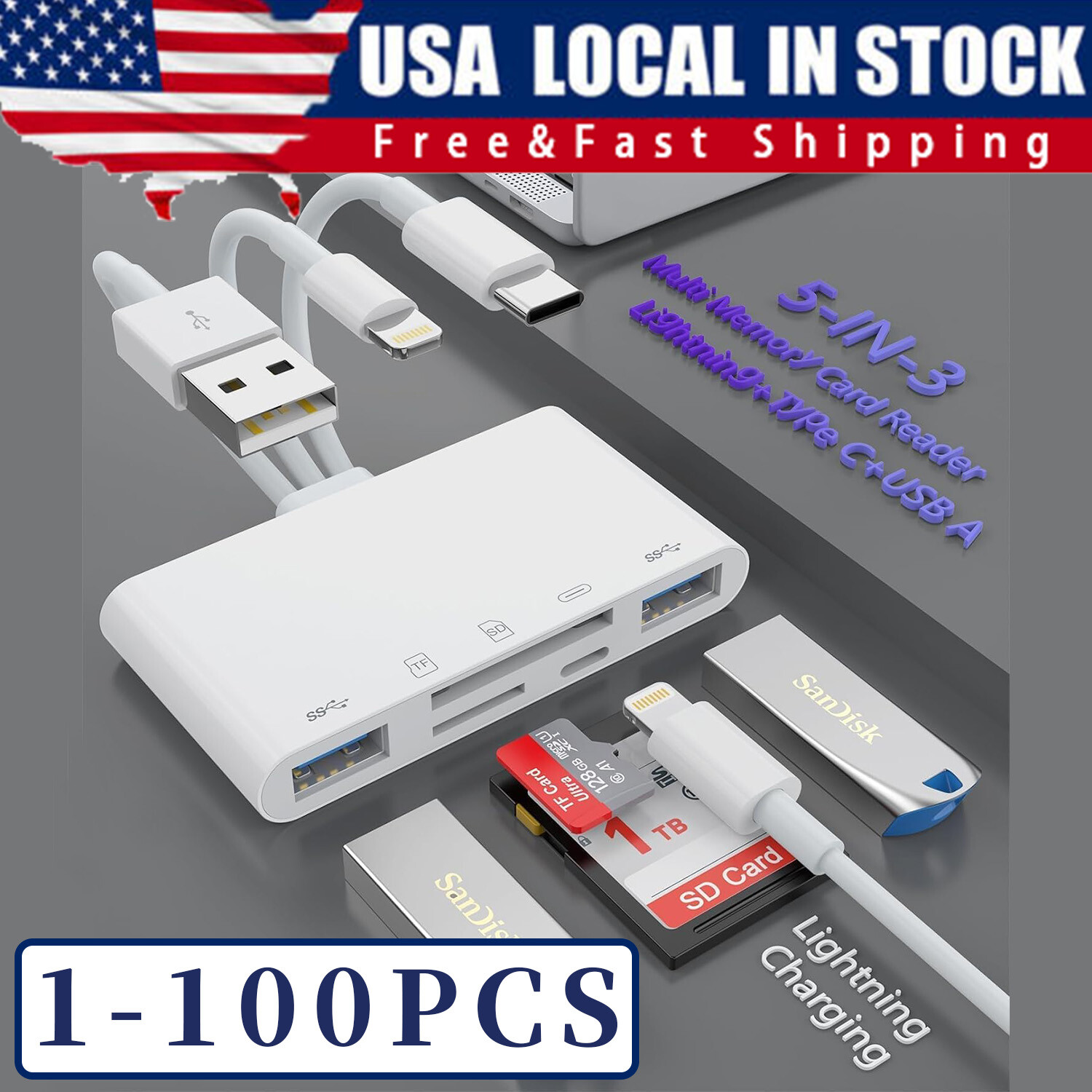 5 in 1 Memory Card Reader USB 3.0 OTG Adapter SD Card Reader For iPhone/iPad LOT