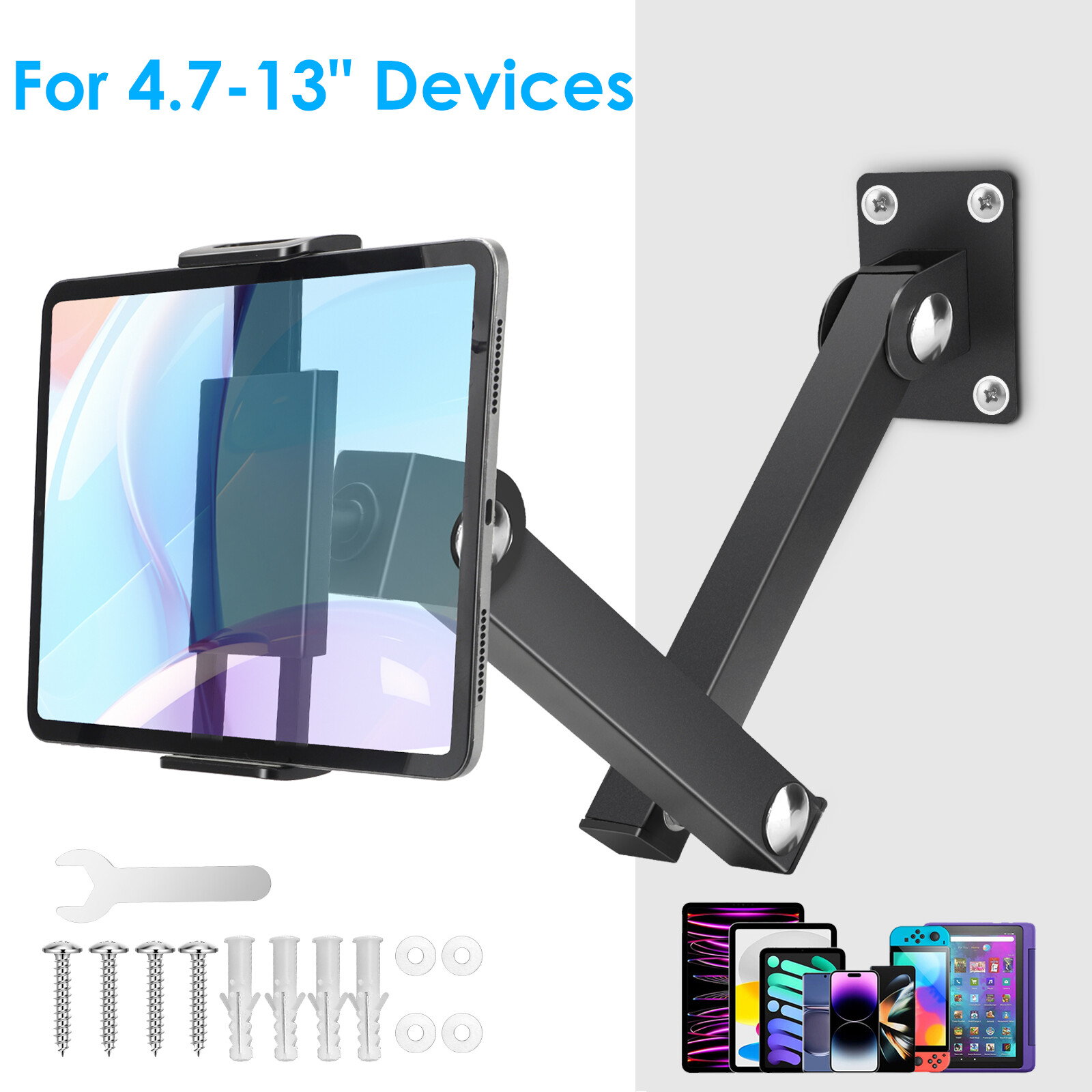 Tablet Phone Wall Mount 360° Rotating Foldable Holder for 4.7-13" iPad iPhone