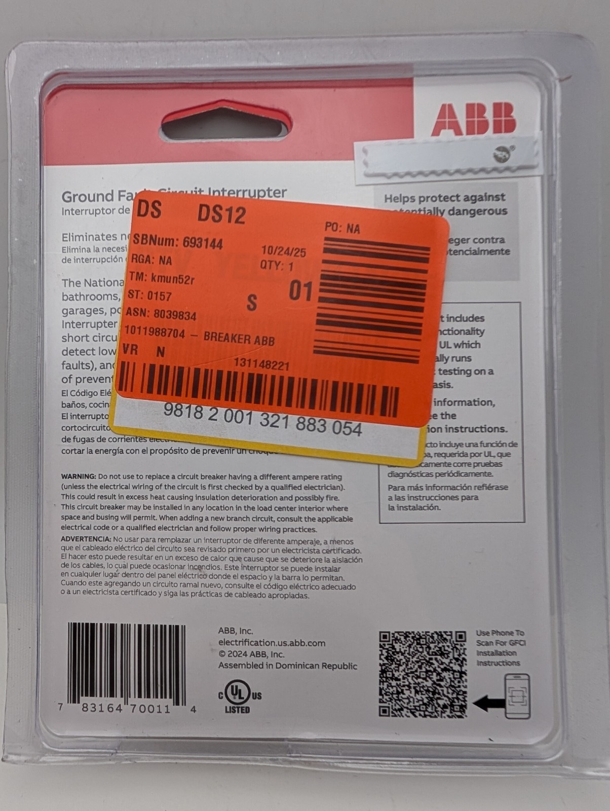 ABB 20 Amp 1-Pole Ground Fault Breaker with Self-Test (THQL1120GFTA) Open Box