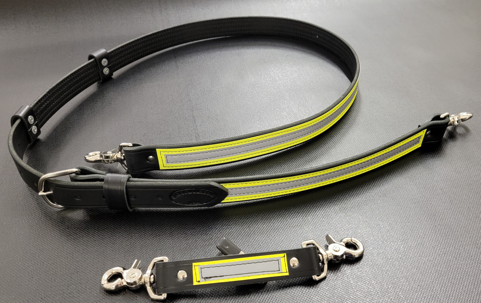 Firefighter Yellow/Silver Reflective Leather Radio Strap Set - XL Length