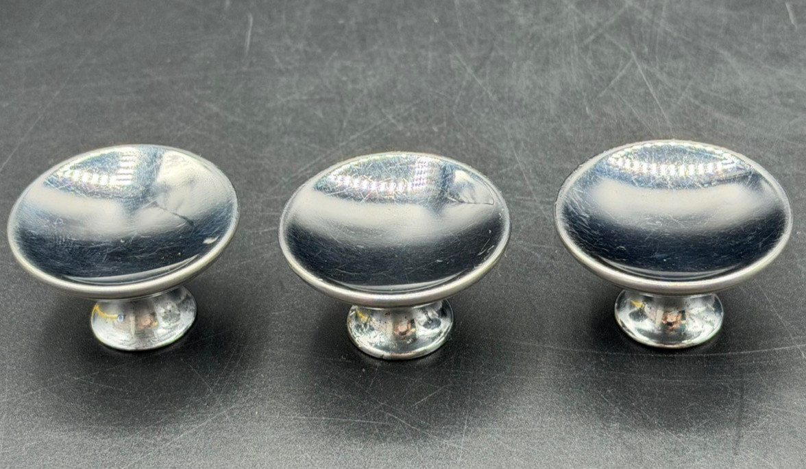 3 Vintage Chrome Concave Round Pull Knobs w/ Matching Backplates & Screws.